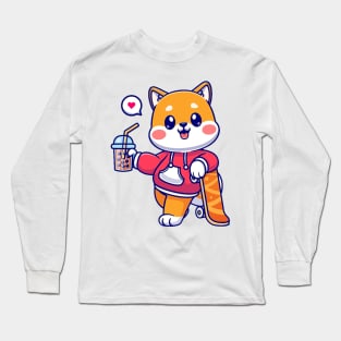 Adorable kitty enjoying boba tea Long Sleeve T-Shirt